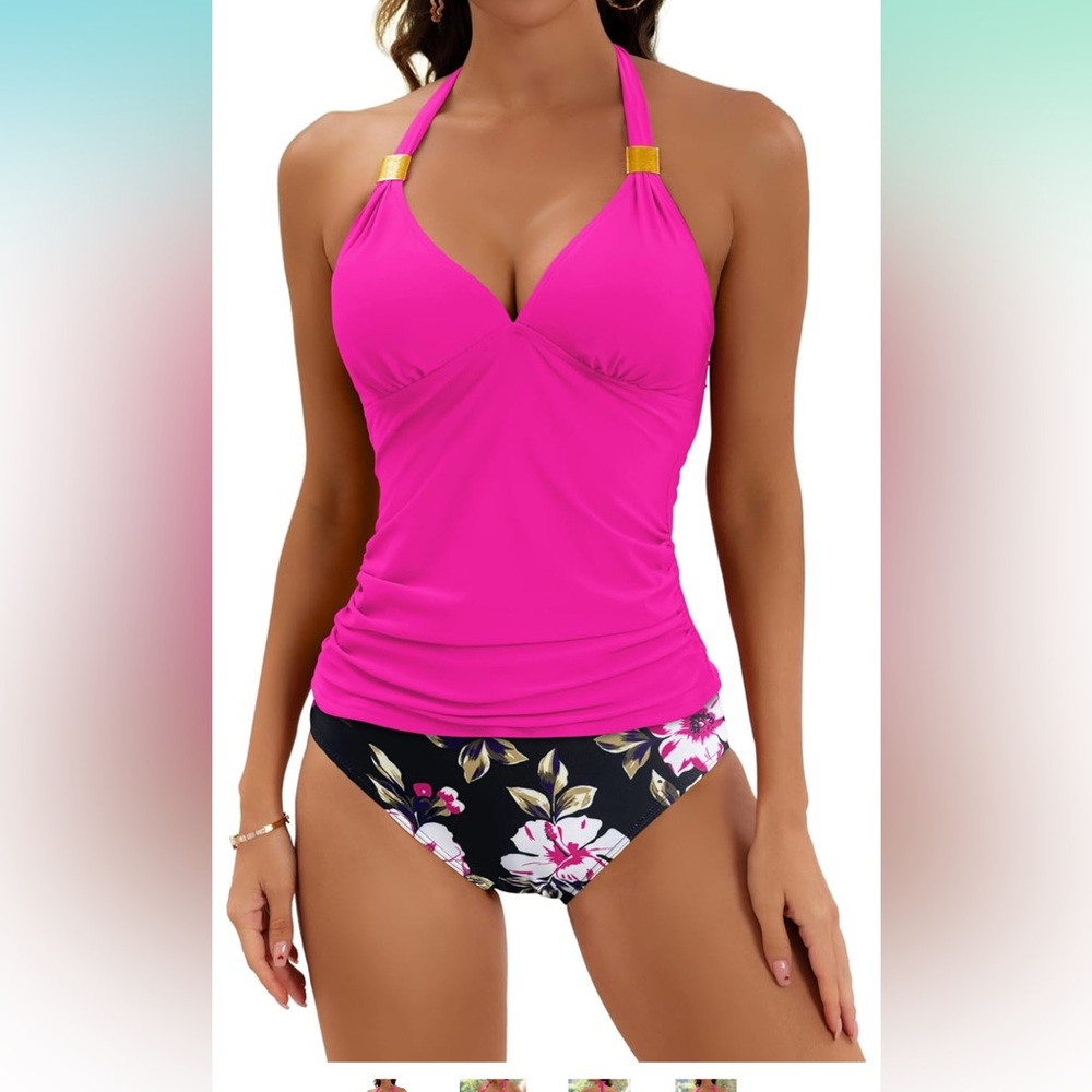 🚘Pink and Black halter  Tankini with Floral Design and V-Neckline tummy control